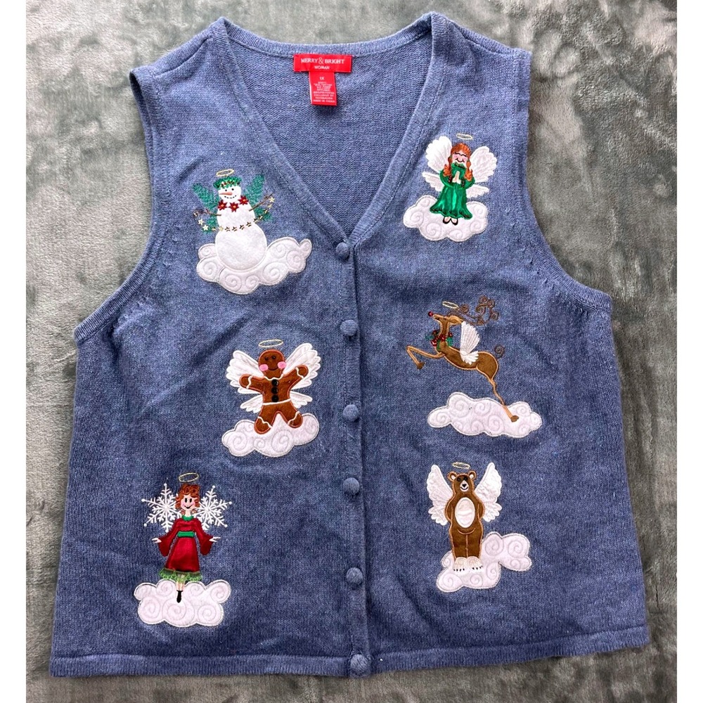 Merry & Bright Women's 1X Blue Embroidered Christmas Vest Holiday Angel Scene